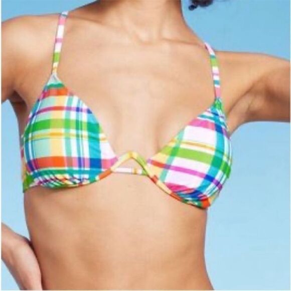 Wild Fable Multicolor Plaid Bikini Swimsuit Top, Size XXS, NWT - Picture 1 of 9